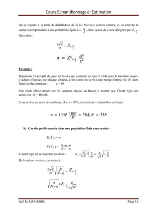 Cours Echantillonnage et Estimation
Adil EL MARHOUM Page 15
On se reporte à la table de distribution de la loi Normale centrée réduite, et on cherche la
valeur correspondante à une probabilité égale à 1-
2
 , cette valeur de z sera désignée par
2
1 Z
On a alors :

 n
=
2
1 Z
²
²² 2
1

 Zn
Exemple :
Reprenons l’exemple du parc de loisirs qui souhaite estimer à 10dh prés le montant moyen
d’achats effectués par chaque visiteur, c’est à dire on se fixe une marge d'erreur de 10 dans
l'analyse des résultats :  = 10
Une étude pilote menée sur 50 visiteurs choisis au hasard a montré que l’écart- type des
achats est :  = 100 dh.
Si on se fixe un seuil de confiance (1-) = 95%, La taille de l’échantillon est donc :
38516,384
²10
²1001,96² n
b) Cas des prélèvements dans une population finie sans remise :
E( nX

) = m
V( nX

) =
1

N
nN
n
²
L’écart type de la moyenne est donc :
nN
nN
X

1
 
N
n
n
1
De la même manière, on arrive à :
nN
Nn


=
2
1 Z
N
Z
nN
n


2
1

 