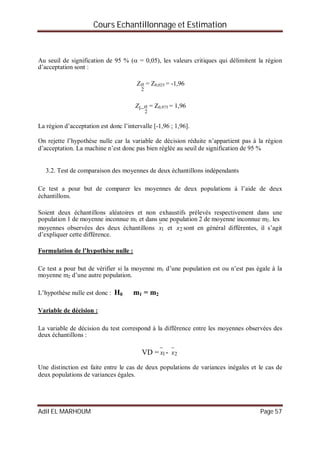 Cours Echantillonnage et Estimation
Adil EL MARHOUM Page 57
Au seuil de signification de 95 % ( = 0,05), les valeurs critiques qui délimitent la région
d’acceptation sont :
2
Z = Z0,025 = -1,96
2
1 Z = Z0,975 = 1,96
La région d’acceptation est donc l’intervalle [-1,96 ; 1,96].
On rejette l’hypothèse nulle car la variable de décision réduite n’appartient pas à la région
d’acceptation. La machine n’est donc pas bien réglée au seuil de signification de 95 %
3.2. Test de comparaison des moyennes de deux échantillons indépendants
Ce test a pour but de comparer les moyennes de deux populations à l’aide de deux
échantillons.
Soient deux échantillons aléatoires et non exhaustifs prélevés respectivement dans une
population 1 de moyenne inconnue m1 et dans une population 2 de moyenne inconnue m2. les
moyennes observées des deux échantillons 1

x et 2

x sont en général différentes, il s’agit
d’expliquer cette différence.
Formulation de l’hypothèse nulle :
Ce test a pour but de vérifier si la moyenne m1 d’une population est ou n’est pas égale à la
moyenne m2 d’une autre population.
L’hypothèse nulle est donc : H0 m1 = m2
Variable de décision :
La variable de décision du test correspond à la différence entre les moyennes observées des
deux échantillons :
VD = 1

x - 2

x
Une distinction est faite entre le cas de deux populations de variances inégales et le cas de
deux populations de variances égales.
 