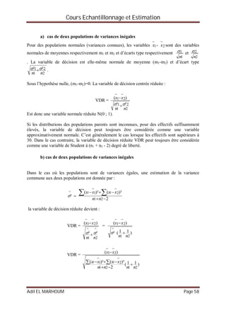 Cours Echantillonnage et Estimation
Adil EL MARHOUM Page 58
a) cas de deux populations de variances inégales
Pour des populations normales (variances connues), les variables 1

x - 2

x sont des variables
normales de moyennes respectivement m1 et m2 et d’écarts type respectivement
1
1
n
 et
2
2
n

. La variable de décision est elle-même normale de moyenne (m1-m2) et d’écart type
2
2
1
1 ²²
nn
  .
Sous l’hypothèse nulle, (m1-m2)=0. La variable de décision centrée réduite :
VDR =
2
2
1
1
21
²²
)(
nn
xx
 


Est donc une variable normale réduite N(0 ; 1).
Si les distributions des populations parents sont inconnues, pour des effectifs suffisamment
élevés, la variable de décision peut toujours être considérée comme une variable
approximativement normale. C’est généralement le cas lorsque les effectifs sont supérieurs à
30. Dans le cas contraire, la variable de décision réduite VDR peut toujours être considérée
comme une variable de Student à (n1 + n2 - 2) degré de liberté.
b) cas de deux populations de variances inégales
Dans le cas où les populations sont de variances égales, une estimation de la variance
commune aux deux populations est donnée par :
2
)²()²(
²
21
21^



 

nn
xxxx ii

la variable de décision réduite devient :
VDR =
2
^
1
^
21
²²
)(
nn
xx
 


=
)11(²
)(
21
^
21
nn
xx




VDR =
)11(
2
)²()²(
)(
2121
21
21
nnnn
xxxx
xx
ii




 


 