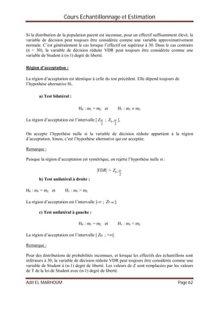 Cours Echantillonnage et Estimation
Adil EL MARHOUM Page 62
Si la distribution de la population parent est inconnue, pour un effectif suffisamment élevé, la
variable de décision peut toujours être considérée comme une variable approximativement
normale. C’est généralement le cas lorsque l’effectif est supérieur à 30. Dans le cas contraire
(n < 30), la variable de décision réduite VDR peut toujours être considérée comme une
variable de Student à (n-1) degré de liberté.
Région d’acceptation :
La région d’acceptation est identique à celle du test précédent. Elle dépend toujours de
l’hypothèse alternative H1.
a) Test bilatéral :
H0 : m1 = m2 et H1 : m1  m2
La région d’acceptation est l’intervalle [
2
Z ;
2
1 Z ].
On accepte l’hypothèse nulle si la variable de décision réduite appartient à la région
d’acceptation. Sinon, c’est l’hypothèse alternative qui est acceptée.
Remarque :
Puisque la région d’acceptation est symétrique, on rejette l’hypothèse nulle si :
VDR >
2
1 Z
b) Test unilatéral à droite :
H0 : m1 = m2 et H1 : m1 > m2
La région d’acceptation est l’intervalle ]- ; 1Z ].
c) Test unilatéral à gauche :
H0 : m1 = m2 et H1 : m1 < m2
La région d’acceptation est l’intervalle [ Z ; +[.
Remarque :
Pour des distributions de probabilités inconnues, et lorsque les effectifs des échantillons sont
inférieurs à 30, la variable de décision réduite VDR peut toujours être considérée comme une
variable de Student à (n-1) degré de liberté. Les valeurs de Z sont remplacées par les valeurs
de T de la loi de Student avec (n-1) degré de liberté.
 
