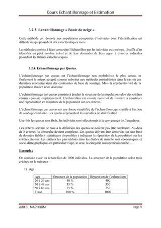 Cours Echantillonnage et Estimation
Adil EL MARHOUM Page 9
3.2.3. Echantillonnage « Boule de neige »
Cette méthode est réservée aux populations composées d’individus dont l’identification est
difficile ou qui possèdent des caractéristiques rares.
La méthode consiste à faire construire l’échantillon par les individus eux-mêmes. Il suffit d’en
identifier un petit nombre initial et de leur demander de faire appel à d’autres individus
possédant les mêmes caractéristiques.
3.2.4. Echantillonnage par Quotas.
L’échantillonnage par quotas est l’échantillonnage non probabiliste le plus connu, et
finalement le mieux accepté comme substitut aux méthodes probabilistes dans le cas où ces
dernières rencontreraient des contraintes de base de sondage. Mais la représentativité de la
population étudiée reste douteuse.
L’échantillonnage par quotas consiste à étudier la structure de la population selon des critères
choisis (quotas) empiriquement. L’échantillon est ensuite construit de manière à constituer
une reproduction en miniature de la population sur ces critères.
L’échantillonnage par quotas est une forme simplifiée de l’échantillonnage stratifié à fraction
de sondage constante. Les quotas représentent les variables de stratification.
Une fois les quotas sont fixés, les individus sont sélectionnés à la convenance de l’enquêteur.
Les critères servant de base à la définition des quotas ne doivent pas être nombreux. Au-delà
de 3 critères, la démarche devient complexe. Les quotas doivent être construits sur une base
de données fiables ( statistiques disponibles ) indiquant la répartition de la population sur les
critères choisis. Les critères les plus utilisés dans les études de marché sont économiques et
socio-démographiques en particulier l’âge, le sexe, la catégorie socioprofessionnelle, …
Exemple :
On souhaite avoir un échantillon de 1000 individus. La structure de la population selon trois
critères est la suivante :
1) Age
Age Structure de la population Répartition de l’échantillon
20 à 29 ans
30 à 49 ans
50 à 60 ans
40 %
35 %
25 %
400
350
250
Total 100 % 1000
 