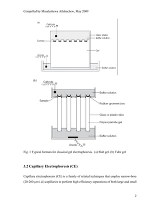 Compilled by Minaleshewa Atlabachew, May 2009
2
Fig. 1 Typical formats for classical gel electrophoresis. (a) Slab gel. (b) Tube gel
3.2 Capillary Electrophoresis (CE)
Capillary electrophoresis (CE) is a family of related techniques that employ narrow-bore
(20-200 µm i.d.) capillaries to perform high efficiency separations of both large and small
 