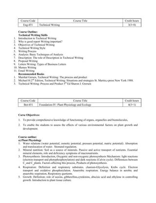 Course Code
Eng-451

1.
2.
3.
4.
5.
6.
7.
8.
9.
10.
11.
1.
2.
3.

Course Title
Technical Writing

Credit hours
3(3+0)

Course Outline:
Technical Writing Skills
Introduction to Technical Writing
Why is good report Writing important?
Objectives of Technical Writing
Technical Writing Style
Writing Process
Analysis: Basic Techniques of Analysis
Description: The role of Description in Technical Writing
Proposal Writing
Letters Writing: Types of Business Letters
Memos Writing
Email Writing
Recommended Books
Marshal Gersen, Technical Writing: The process and product
Michael H.2nd Edition, Technical Writing: Situations and strategies St. Martin,s press New York 1988.
Technical Writing: Process and Product 5th Ed Sharon J. Grersen

Course Code
Bot-451

Course Title
Foundation-IV: Plant Physiology and Ecology

Credit hours
4(3+1)

Curse Objectives:
1. To provide comprehensive knowledge of functioning of organs, organelles and biomolecules,
2. To enable the students to assess the effects of various environmental factors on plant growth and
development.
Course outline:
a) Plant Physiology
1. Water relations (water potential, osmotic potential, pressure potential, matric potential). Absorption
and translocation of water. Stomatal regulation.
2. Mineral nutrition: Soil as a source of minerals. Passive and active transport of nutrients. Essential
mineral elements, role and deficiency symptoms of macronutrients.
3. Photosynthesis: Introduction, Oxygenic and non-oxygenic photosynthesis Mechanism: light reactions
(electron transport and photophosphorylation) and dark reactions (Calvin cycle). Differences between
C3 and C4 plants. Factors affecting this process, Products of photosynthesis.
4. Respiration: Definition and respiratory substrates. chanism-Glycolysis, Krebs cycle. Electron
transport and oxidative phosphorylation. Anaerobic respiration. Energy balance in aerobic and
anaerobic respiration, Respiratory quotients.
5. Growth: Definition; role of auxins, gibberellins,cytokinins, abscisic acid and ethylene in controlling
growth. Introduction to plant tissue culture.

 