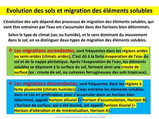 Cours Ecologie Générale 1 (S3), Alifriqui (FSSM)
10
Evolution des sols et migration des éléments solubles
L’évolution des sols dépend des processus de migration des éléments solubles, qui
vont être entrainer par l’eau est s’accumuler dans des horizons bien déterminés.
Selon le type de climat (sec ou humide), et le sens dominant du mouvement
dans le sol, on va distinguer deux types de migration des éléments solubles.
❖ Les migrations ascendantes, sont fréquentes dans les régions arides
ou semi-arides (climats arides), C’est dû à la forte évaporation de l’eau du
sol et de la nappe phréatique. Après l’évaporation de l’eau, les éléments
solubles se déposent à la surface du sol, formant ainsi une croute de
surface (ex : croute de sel, ou cuirasses ferrugineuses des sols tropicaux).
❖ Les migrations descendantes, sont fréquentes dans les régions à
forte pluviosité (climats humides). L’eau entraine les éléments solubles
dans ce cas en profondeur, pour s’accumuler dans un horizon bien
déterminé, appelé horizon alluvial (= horizon d’accumulation, Horizon B).
L’horizon de surface, qui a été lessivé, est appelé horizon éluvial (=
Horizon d’altération et de minéralisation, Horizon A)..
 