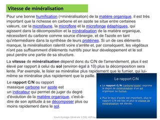 Cours Ecologie Générale 1 (S3), Alifriqui (FSSM)
6
Vitesse de minéralisation
Pour une bonne humification (=minéralisation) de la matière organique, il est très
important que la richesse en carbone et en azote se situe entre certaines
valeurs, car la microfaune, la microflore et la microfonge édaphiques, qui
agissent dans la décomposition et la minéralisation de la matière organique,
nécessitent du carbone comme source d'énergie, et de l'azote en tant
qu'intermédiaire dans la synthèse de leurs protéines. Si un de ces éléments
manque, la minéralisation ralentit voire s'arrête et, par conséquent, les végétaux
n'ont pas suffisamment d'éléments nutritifs pour leur développement et le sol
peut perdre une partie de sa structure.
La vitesse de minéralisation dépend donc du C/N de l'amendement, plus il est
élevé par rapport à celui du sol (environ égal à 10) plus la décomposition sera
lente. Par exemple, le lisier se minéralise plus rapidement que le fumier, qui lui-
même se minéralise plus rapidement que la paille.
Le rapport C/N ou rapport
massique carbone sur azote est
un indicateur qui permet de juger du degré
d'évolution de la matière organique, c'est-à-
dire de son aptitude à se décomposer plus ou
moins rapidement dans le sol.
 