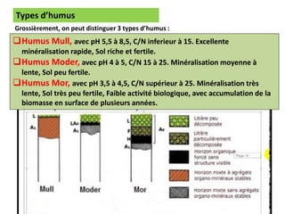 Cours Ecologie Générale 1 (S3), Alifriqui (FSSM)
8
Types d’humus
Grossièrement, on peut distinguer 3 types d’humus :
❑Humus Mull, avec pH 5,5 à 8,5, C/N inferieur à 15. Excellente
minéralisation rapide, Sol riche et fertile.
❑Humus Moder, avec pH 4 à 5, C/N 15 à 25. Minéralisation moyenne à
lente, Sol peu fertile.
❑Humus Mor, avec pH 3,5 à 4,5, C/N supérieur à 25. Minéralisation très
lente, Sol très peu fertile, Faible activité biologique, avec accumulation de la
biomasse en surface de plusieurs années.
 