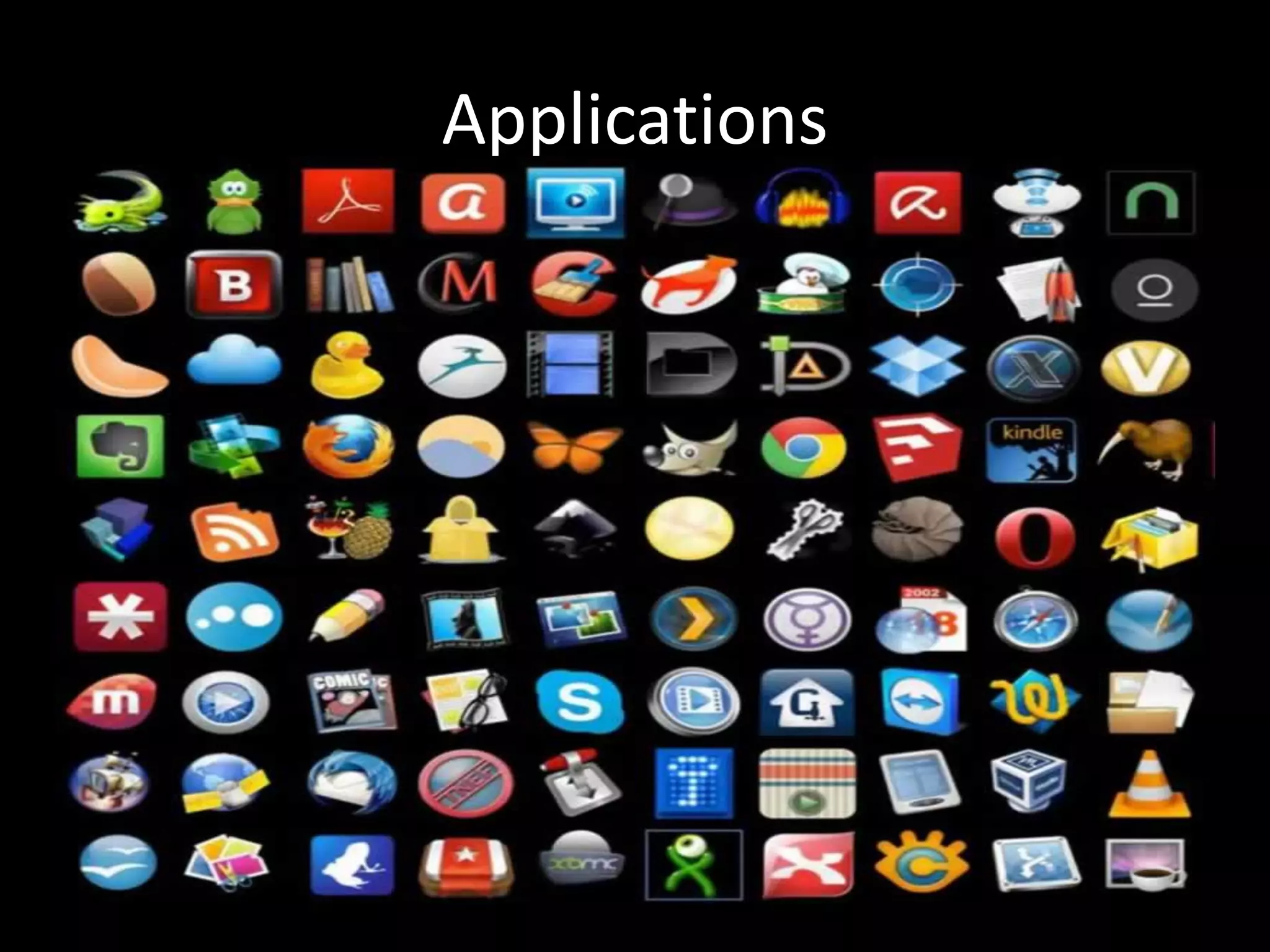 Applications
• 應用程式
• 針對使用者某種目的而撰寫的軟體
• 種類：文書處理、數學計算、多媒體播放、
網頁瀏覽、電腦遊戲、即時通訊、資料庫、
檔案管理、檔案分享……
 