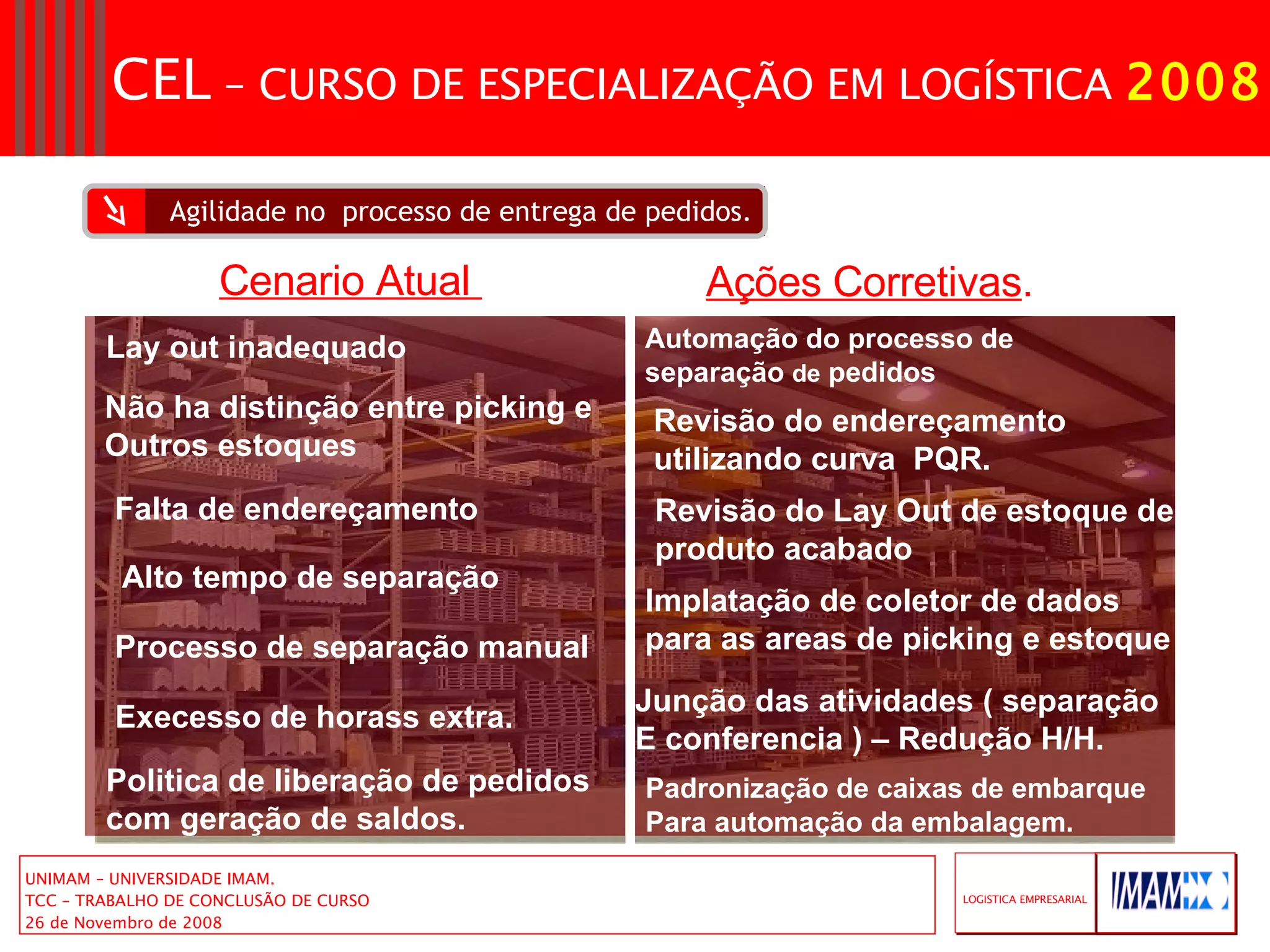 Agilidade no  processo de entrega de pedidos. Lay out inadequado  Não ha distinção entre picking e  Outros estoques  Falta de endereçamento Alto tempo de separação Processo de separação manual Execesso de horass extra. Politica de liberação de pedidos  com geração de saldos. Automação do processo de  separação  de  pedidos  Revisão do endereçamento  utilizando curva  PQR. Revisão do Lay Out de estoque de produto acabado Implatação de coletor de dados  para as areas de picking e estoque Junção das atividades ( separação  E conferencia ) – Redução H/H. Padronização de caixas de embarque  Para automação da embalagem. Cenario Atual  Ações Corretivas . 