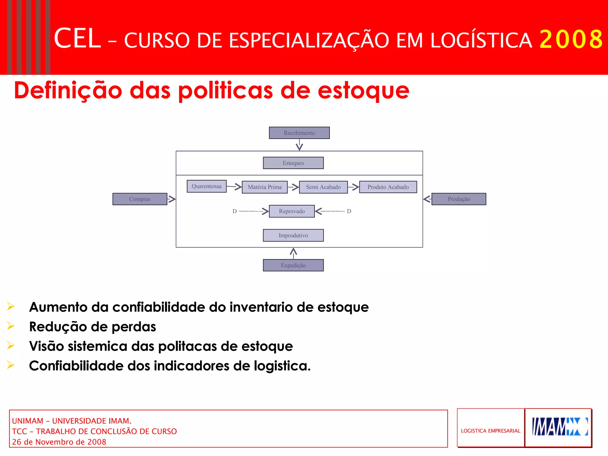 Definição das politicas de estoque  Aumento da confiabilidade do inventario de estoque Redução de perdas  Visão sistemica das politacas de estoque Confiabilidade dos indicadores de logistica. Quarentenaa Matéria Prima Semi Acabado Produto Acabado Reprovado Improdutivo D D Estoques Recebimento Produção Compras Expedição 