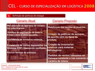 Definição de politicas de estoque Mal definição do lead time de compra De materia prima. Estoque de seguranção de materia  Prima e semi acabos elevados. Inesistencia de invetarios rotativos. Existencia de varios deposistos no Sistema ERP , causando confusão Redefinição das familias de produtos Criação de politicas de estoque de acordo com os tipos de produto Cenario Atual  Cenario Proposto . Criação de inventarios rotativos para materias estrategicos Poucas familias de produtos Pedidos de vendas baseados no  Estoque existente e nao somente na carteira de intens. 