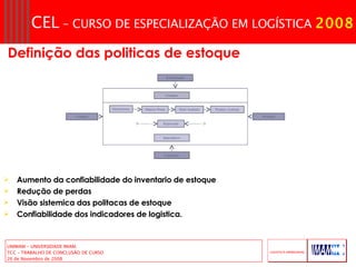 Definição das politicas de estoque  Aumento da confiabilidade do inventario de estoque Redução de perdas  Visão sistemica das politacas de estoque Confiabilidade dos indicadores de logistica. Quarentenaa Matéria Prima Semi Acabado Produto Acabado Reprovado Improdutivo D D Estoques Recebimento Produção Compras Expedição 