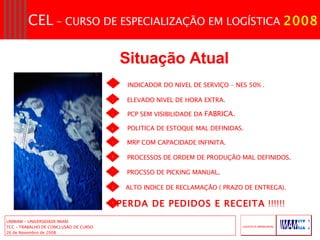 Situação   Atual   1 INDICADOR DO NIVEL DE SERVIÇO – NES 50% . ELEVADO NIVEL DE HORA EXTRA. PCP SEM VISIBILIDADE DA  FABRICA. POLITICA DE ESTOQUE MAL DEFINIDAS. MRP COM CAPACIDADE INFINITA. PROCESSOS DE ORDEM DE PRODUÇÃO MAL DEFINIDOS . PROCSSO DE PICKING MANUAL . ALTO INDICE DE RECLAMAÇÃO ( PRAZO DE ENTREGA). 8 7 2 6 5 4 3 9 PERDA DE PEDIDOS E RECEITA  !!!!!! 