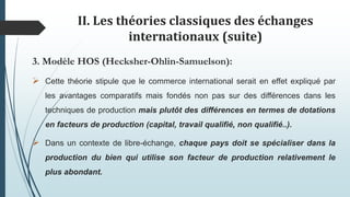 II. Les théories classiques des échanges
internationaux (suite)
3. Modèle HOS (Hecksher-Ohlin-Samuelson):
 Cette théorie stipule que le commerce international serait en effet expliqué par
les avantages comparatifs mais fondés non pas sur des différences dans les
techniques de production mais plutôt des différences en termes de dotations
en facteurs de production (capital, travail qualifié, non qualifié..).
 Dans un contexte de libre-échange, chaque pays doit se spécialiser dans la
production du bien qui utilise son facteur de production relativement le
plus abondant.
 