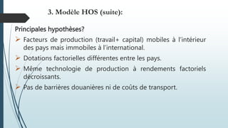 Principales hypothèses?
 Facteurs de production (travail+ capital) mobiles à l’intérieur
des pays mais immobiles à l’international.
 Dotations factorielles différentes entre les pays.
 Même technologie de production à rendements factoriels
décroissants.
 Pas de barrières douanières ni de coûts de transport.
3. Modèle HOS (suite):
 