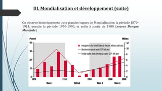 III. Mondialisation et développement (suite)
On observe historiquement trois grandes vagues de Mondialisation: la période 1870-
1914, ensuite la période 1950-1980, et enfin à partir de 1980 (source Banque
Mondiale)
.
 