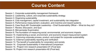 Course Content
Session 1. Corporate sustainability management framework
Session 2. Leadership, culture, and corporate sustainability strategy
Session 3: Organizing sustainability
Session 4. Cost management, capital investment, and sustainability risk integration
Session 5. Performance measurement, evaluation, and incentive and reward systems.
Session 6. Case Study #01 Sustainable Leadership – Chief Sustainability Officer – What do they do?
Session 7. Review, Discussion, and Quiz
Session 8. Mid-semester Examination
Session 9. The foundation of measuring social, environmental, and economic impacts
Session 10. Implementing a social, environment, and economic impact measurement system
Session 11. Improving corporate process, product, and project for corporate sustainability
Session 12. External sustainability reporting and verification
Session 13. The benefit of sustainability for corporation and society
Session 14. Corporate Sustainability in International Comparison
Session 15. Project/ mini research presentation #1 (Final test)
Session 16. Project mini research presentation #2 (Final test)
 