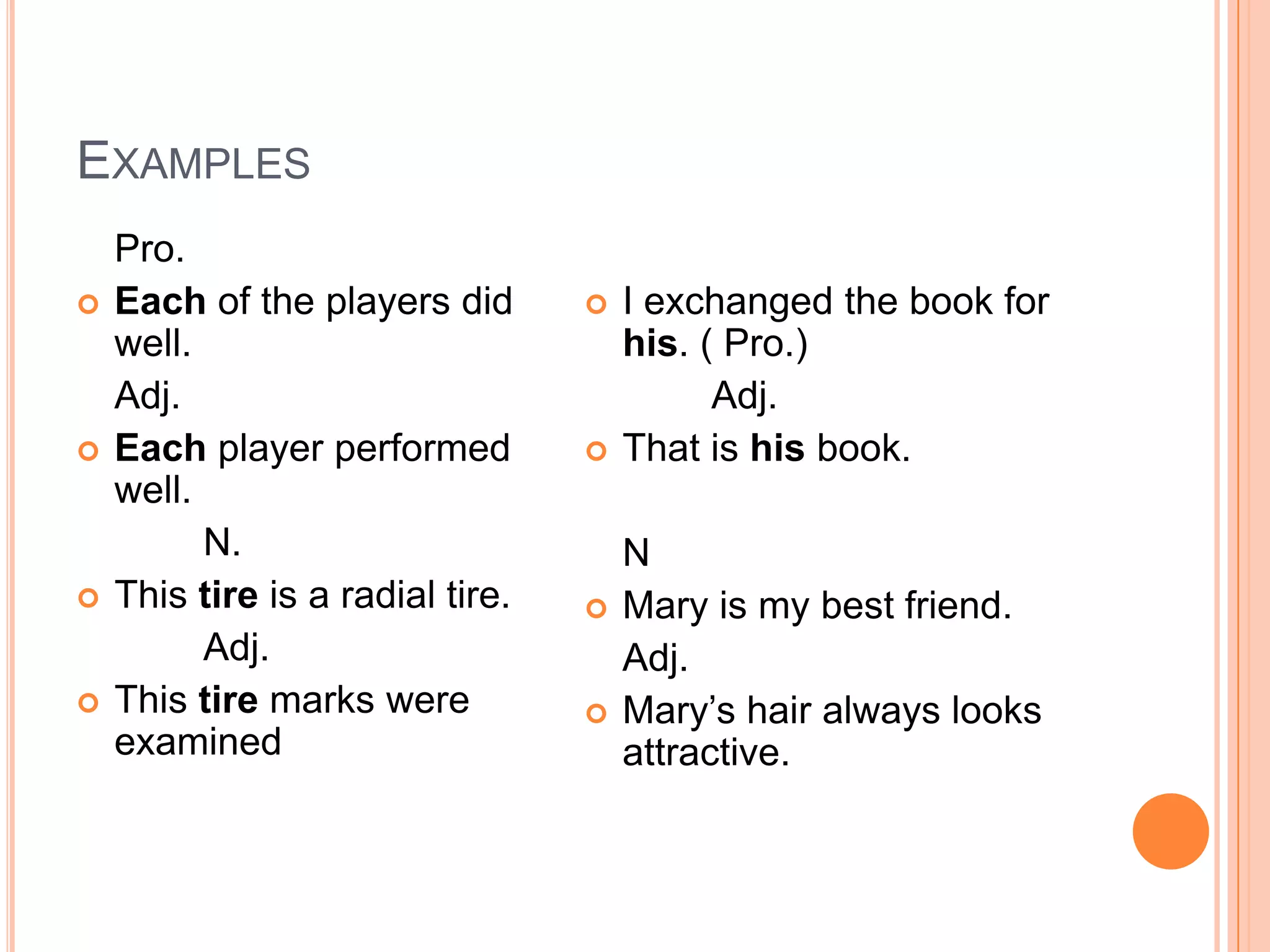 EXAMPLES
    Pro.
   Each of the players did          I exchanged the book for
    well.                             his. ( Pro.)
    Adj.                                    Adj.
   Each player performed            That is his book.
    well.
          N.                          N
   This tire is a radial tire.      Mary is my best friend.
          Adj.                        Adj.
   This tire marks were             Mary’s hair always looks
    examined                          attractive.
 