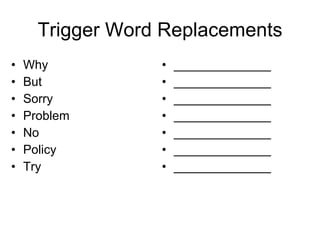 Trigger Word Replacements Why  But Sorry Problem No Policy Try ______________ ______________ ______________ ______________ ______________ ______________ ______________ 