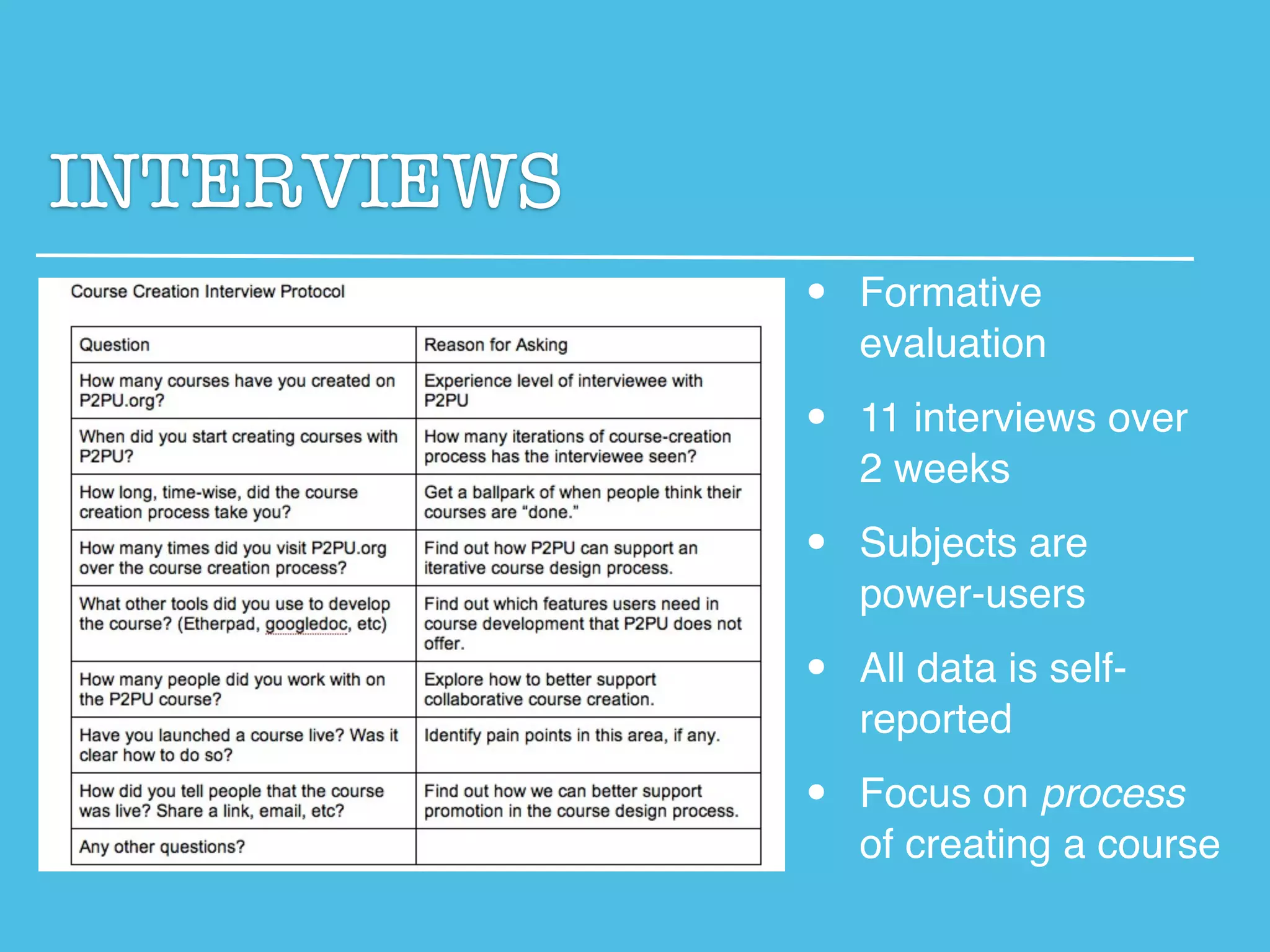 INTERVIEWS
             •   Formative
                 evaluation

             •   11 interviews over
                 2 weeks

             •   Subjects are
                 power-users

             •   All data is self-
                 reported

             •   Focus on process
                 of creating a course
 