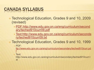 CANADA SYLLABUS
 Technological Education, Grades 9 and 10, 2009
(revised)
 PDF:http://www.edu.gov.on.ca/eng/curriculum/second
ary/teched910curr09.pdf
 Text:http://www.edu.gov.on.ca/eng/curriculum/seconda
ry/teched910curr09.txt
 Technological Education, Grades 9 and 10, 1999
 PDF:
ttp://www.edu.gov.on.ca/eng/curriculum/secondary/teched910curr.pd
f
 Text:
http://www.edu.gov.on.ca/eng/curriculum/secondary/teched910curr.t
xt
 