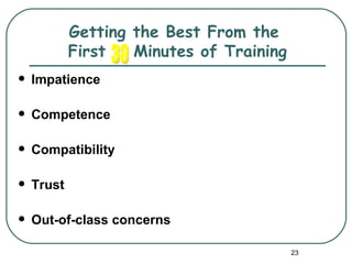 Getting the Best From the
            First   Minutes of Training
   Impatience

   Competence

   Compatibility

   Trust

   Out-of-class concerns

                                          23
 
