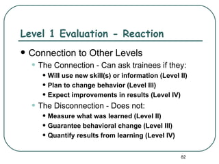 Level 1 Evaluation - Reaction
   Connection to Other Levels
    • The Connection - Can ask trainees if they:
       • Will use new skill(s) or information (Level II)
       • Plan to change behavior (Level III)
       • Expect improvements in results (Level IV)
    • The Disconnection - Does not:
       • Measure what was learned (Level II)
       • Guarantee behavioral change (Level III)
       • Quantify results from learning (Level IV)
                                                     82
 