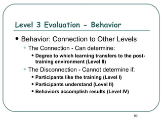 Level 3 Evaluation - Behavior
   Behavior: Connection to Other Levels
    • The Connection - Can determine:
       • Degree to which learning transfers to the post-
        training environment (Level II)
    • The Disconnection - Cannot determine if:
       • Participants like the training (Level I)
       • Participants understand (Level II)
       • Behaviors accomplish results (Level IV)


                                                    90
 
