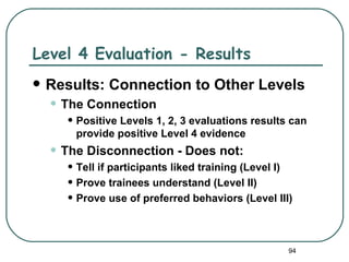Level 4 Evaluation - Results
   Results: Connection to Other Levels
    • The Connection
      • Positive Levels 1, 2, 3 evaluations results can
        provide positive Level 4 evidence
    • The Disconnection - Does not:
      • Tell if participants liked training (Level I)
      • Prove trainees understand (Level II)
      • Prove use of preferred behaviors (Level III)


                                                    94
 