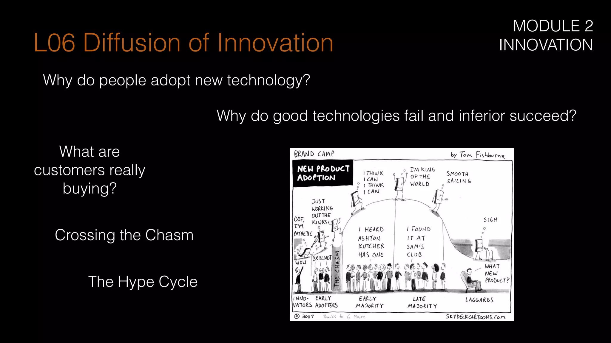 Why do people adopt new technology?
Why do good technologies fail and inferior succeed?
What are
customers really
buying?
Crossing the Chasm
The Hype Cycle
L06 Diffusion of Innovation
MODULE 2
INNOVATION
 