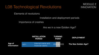 Elements of revolutions
L08 Technological Revolutions
INSTALLATION
PERIOD
TURNING 
POINT
DEPLOYMENT
Age of  
Information
1971
Internet mania and
ﬁnancial casino
2000 & 2008 The New Golden Age?
Importance of crashes
Installation and deployment periods
Are we in a new Golden Age?
MODULE 2
INNOVATION
 