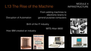 From adding machines to
electronic brains to
general purpose computersDisruption of Automation
Birth of the IT industry
MITS Altair 8800
How IBM created an industry
L13 The Rise of the Machine
MODULE 4
INFRASTRUCTURE
 