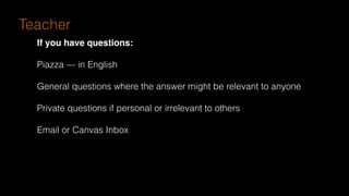 If you have questions:
Piazza — in English
General questions where the answer might be relevant to anyone
Private questions if personal or irrelevant to others
Email or Canvas Inbox
Teacher
 