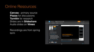 Online Resources
Canvas - primary source
Piazza for discussions
Turnitin for research
Slides are in Slideshare
Audio slides on Vimeo
Recordings are from spring
term
 
