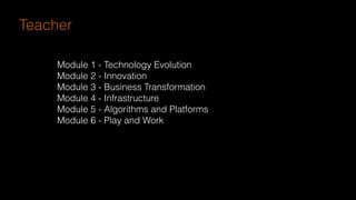 Module 1 - Technology Evolution
Module 2 - Innovation
Module 3 - Business Transformation
Module 4 - Infrastructure
Module 5 - Algorithms and Platforms
Module 6 - Play and Work
Teacher
 