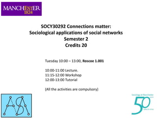 SOCY30292 Connections matter:
Sociological applications of social networks
Semester 2
Credits 20
Tuesday 10:00 – 13:00, Roscoe 1.001
10:00-11:00 Lecture.
11:15-12:00 Workshop
12:00-13:00 Tutorial
(All the activities are compulsory)

 