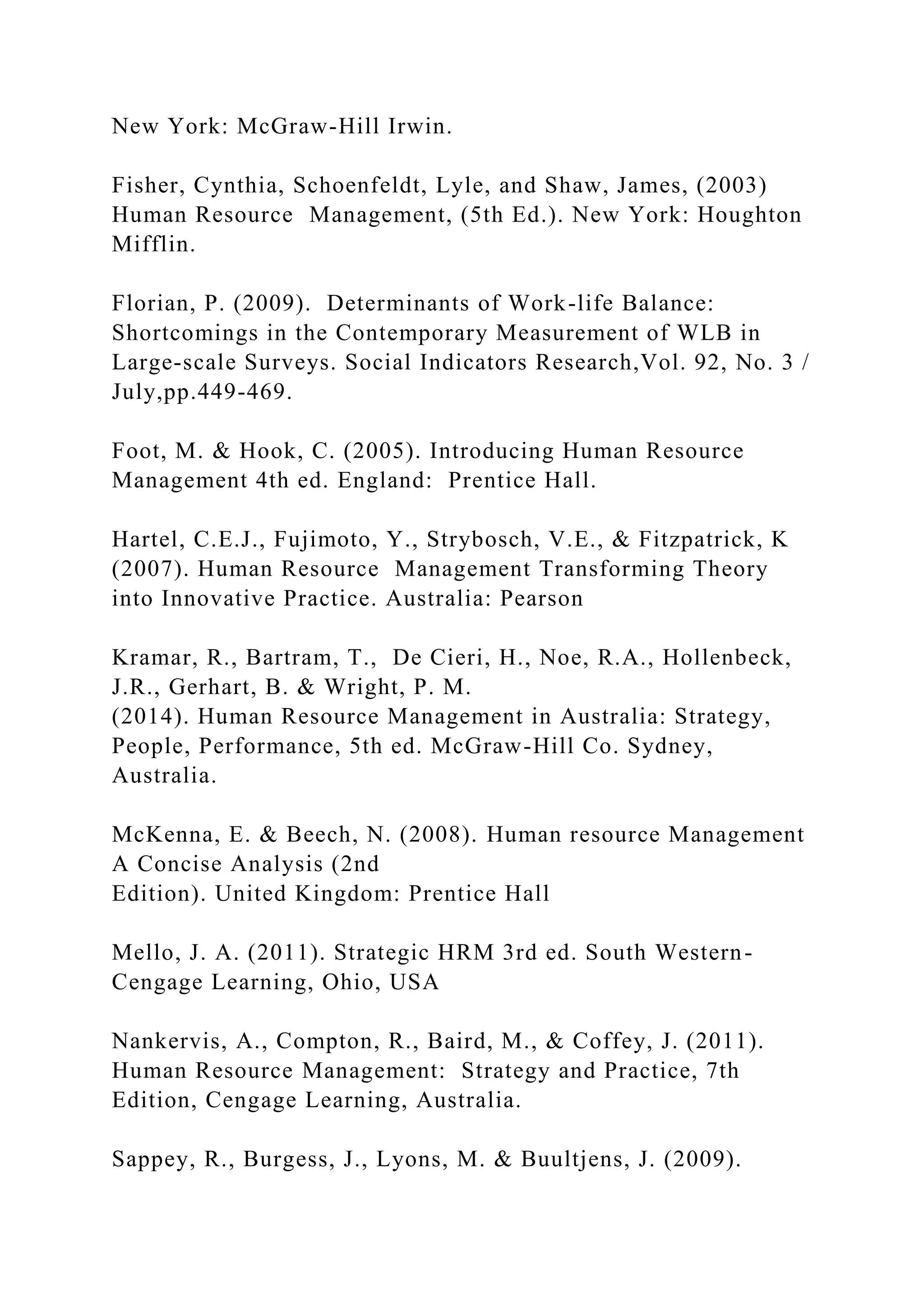 New York: McGraw-Hill Irwin.
Fisher, Cynthia, Schoenfeldt, Lyle, and Shaw, James, (2003)
Human Resource Management, (5th Ed.). New York: Houghton
Mifflin.
Florian, P. (2009). Determinants of Work-life Balance:
Shortcomings in the Contemporary Measurement of WLB in
Large-scale Surveys. Social Indicators Research,Vol. 92, No. 3 /
July,pp.449-469.
Foot, M. & Hook, C. (2005). Introducing Human Resource
Management 4th ed. England: Prentice Hall.
Hartel, C.E.J., Fujimoto, Y., Strybosch, V.E., & Fitzpatrick, K
(2007). Human Resource Management Transforming Theory
into Innovative Practice. Australia: Pearson
Kramar, R., Bartram, T., De Cieri, H., Noe, R.A., Hollenbeck,
J.R., Gerhart, B. & Wright, P. M.
(2014). Human Resource Management in Australia: Strategy,
People, Performance, 5th ed. McGraw-Hill Co. Sydney,
Australia.
McKenna, E. & Beech, N. (2008). Human resource Management
A Concise Analysis (2nd
Edition). United Kingdom: Prentice Hall
Mello, J. A. (2011). Strategic HRM 3rd ed. South Western-
Cengage Learning, Ohio, USA
Nankervis, A., Compton, R., Baird, M., & Coffey, J. (2011).
Human Resource Management: Strategy and Practice, 7th
Edition, Cengage Learning, Australia.
Sappey, R., Burgess, J., Lyons, M. & Buultjens, J. (2009).
 