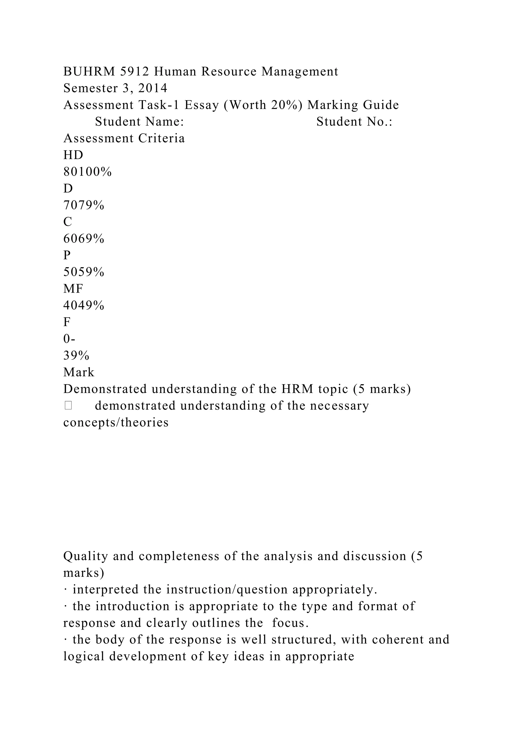 BUHRM 5912 Human Resource Management
Semester 3, 2014
Assessment Task-1 Essay (Worth 20%) Marking Guide
Student Name: Student No.:
Assessment Criteria
HD
80100%
D
7079%
C
6069%
P
5059%
MF
4049%
F
0-
39%
Mark
Demonstrated understanding of the HRM topic (5 marks)
demonstrated understanding of the necessary
concepts/theories
Quality and completeness of the analysis and discussion (5
marks)
· interpreted the instruction/question appropriately.
· the introduction is appropriate to the type and format of
response and clearly outlines the focus.
· the body of the response is well structured, with coherent and
logical development of key ideas in appropriate
 