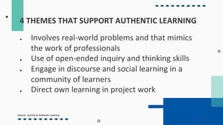 ● Involves real-world problems and that mimics
the work of professionals
● Use of open-ended inquiry and thinking skills
● Engage in discourse and social learning in a
community of learners
● Direct own learning in project work
4 THEMES THAT SUPPORT AUTHENTIC LEARNING
Source: Journal of Authentic Learning
 