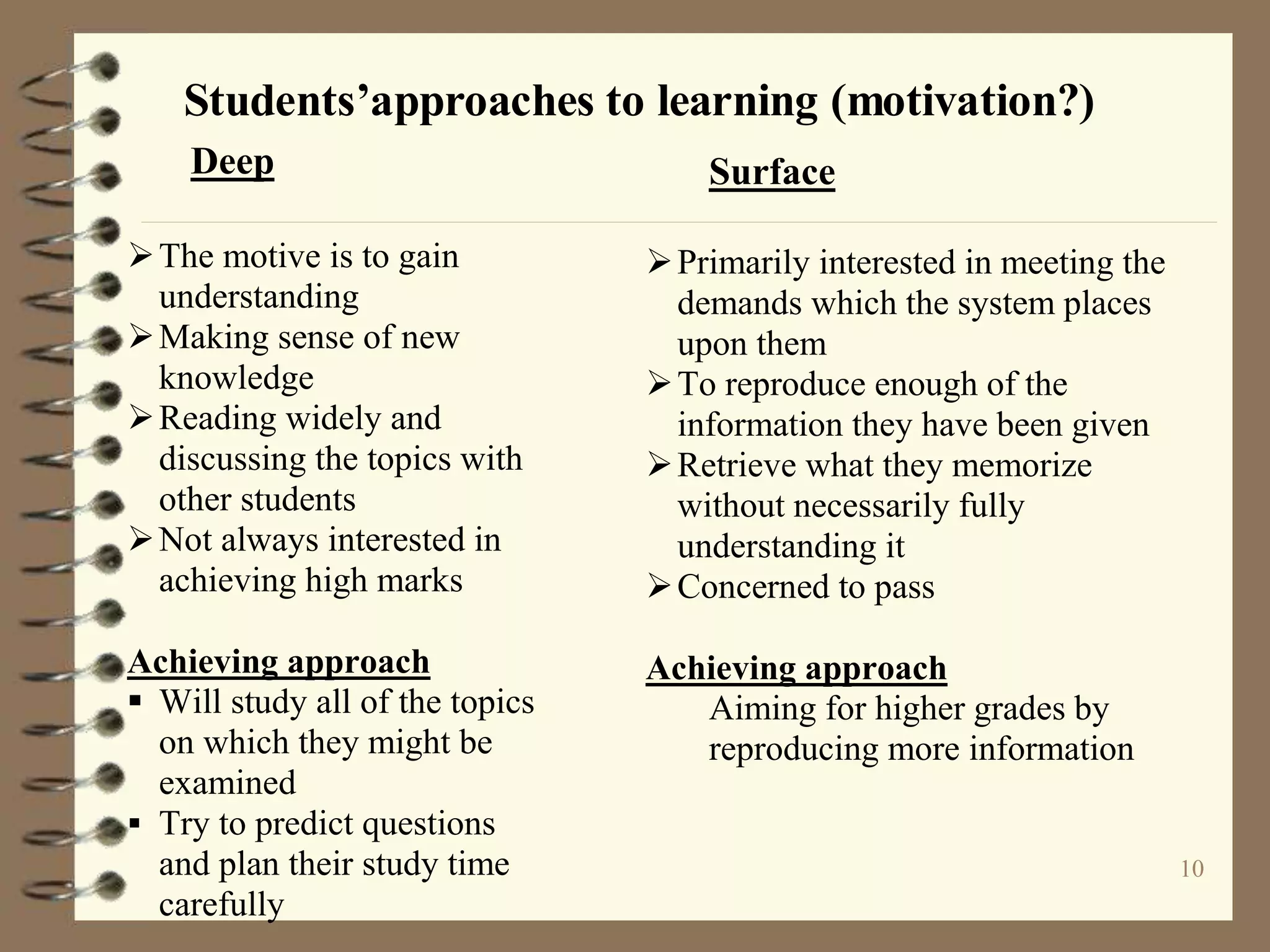 10
Students’approaches to learning (motivation?)
Deep
The motive is to gain
understanding
Making sense of new
knowledge
Reading widely and
discussing the topics with
other students
Not always interested in
achieving high marks
Achieving approach
 Will study all of the topics
on which they might be
examined
 Try to predict questions
and plan their study time
carefully
Surface
Primarily interested in meeting the
demands which the system places
upon them
To reproduce enough of the
information they have been given
Retrieve what they memorize
without necessarily fully
understanding it
Concerned to pass
Achieving approach
Aiming for higher grades by
reproducing more information
 