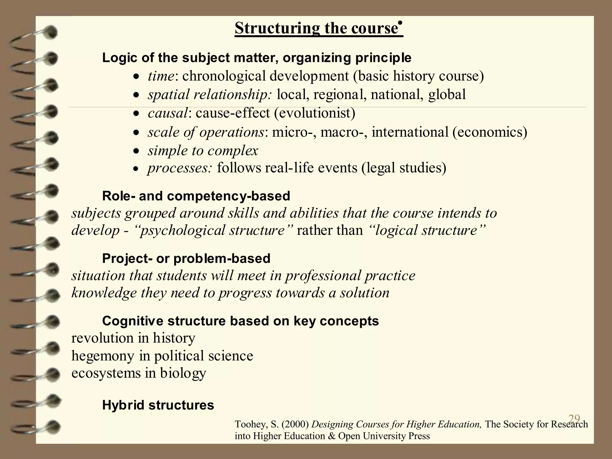 29
Structuring the course
Logic of the subject matter, organizing principle
 time: chronological development (basic history course)
 spatial relationship: local, regional, national, global
 causal: cause-effect (evolutionist)
 scale of operations: micro-, macro-, international (economics)
 simple to complex
 processes: follows real-life events (legal studies)
Role- and competency-based
subjects grouped around skills and abilities that the course intends to
develop - “psychological structure” rather than “logical structure”
Project- or problem-based
situation that students will meet in professional practice
knowledge they need to progress towards a solution
Cognitive structure based on key concepts
revolution in history
hegemony in political science
ecosystems in biology
Hybrid structures
Toohey, S. (2000) Designing Courses for Higher Education, The Society for Research
into Higher Education & Open University Press
 