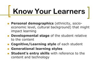 Traditional ClassroomPrescribed CurriculumChalkboardsDesks in rowsBooks and worksheetsPaper & pencilFocus on the front (teacher)Read, take notesStudy as an individualTake tests to measure learning