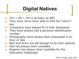 Know Your LearnersPersonal demographics (ethnicity, socio-economic level, cultural background) that might impact learningDevelopmental stage of the student relative to the contentCognitive/Learning style of each studentGenerational learning stylesStudent’s entry skills with reference to the content and technology