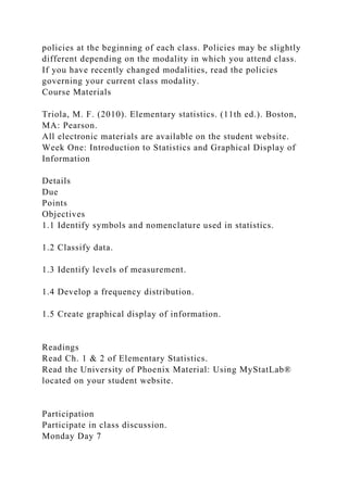 policies at the beginning of each class. Policies may be slightly
different depending on the modality in which you attend class.
If you have recently changed modalities, read the policies
governing your current class modality.
Course Materials
Triola, M. F. (2010). Elementary statistics. (11th ed.). Boston,
MA: Pearson.
All electronic materials are available on the student website.
Week One: Introduction to Statistics and Graphical Display of
Information
Details
Due
Points
Objectives
1.1 Identify symbols and nomenclature used in statistics.
1.2 Classify data.
1.3 Identify levels of measurement.
1.4 Develop a frequency distribution.
1.5 Create graphical display of information.
Readings
Read Ch. 1 & 2 of Elementary Statistics.
Read the University of Phoenix Material: Using MyStatLab®
located on your student website.
Participation
Participate in class discussion.
Monday Day 7
 
