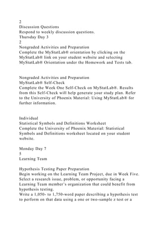 2
Discussion Questions
Respond to weekly discussion questions.
Thursday Day 3
2
Nongraded Activities and Preparation
Complete the MyStatLab® orientation by clicking on the
MyStatLab® link on your student website and selecting
MyStatLab® Orientation under the Homework and Tests tab.
Nongraded Activities and Preparation
MyStatLab® Self-Check
Complete the Week One Self-Check on MyStatLab®. Results
from this Self-Check will help generate your study plan. Refer
to the University of Phoenix Material: Using MyStatLab® for
further information.
Individual
Statistical Symbols and Definitions Worksheet
Complete the University of Phoenix Material: Statistical
Symbols and Definitions worksheet located on your student
website.
Monday Day 7
5
Learning Team
Hypothesis Testing Paper Preparation
Begin working on the Learning Team Project, due in Week Five.
Select a research issue, problem, or opportunity facing a
Learning Team member’s organization that could benefit from
hypothesis testing.
Write a 1,050- to 1,750-word paper describing a hypothesis test
to perform on that data using a one or two-sample z test or a
 