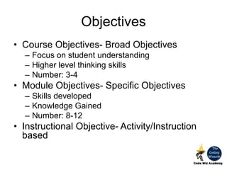 Objectives
• Course Objectives- Broad Objectives
– Focus on student understanding
– Higher level thinking skills
– Number: 3-4
• Module Objectives- Specific Objectives
– Skills developed
– Knowledge Gained
– Number: 8-12
• Instructional Objective- Activity/Instruction
based
 