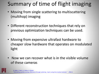 Summary of time of flight imaging
• Moving from single scattering to multiscattering
(multihop) imaging
• Different reconstruction techniques that rely on
previous optimization techniques can be used.
• Moving from expensive ultrafast hardware to
cheaper slow hardware that operates on modulated
light
• Now we can recover what is in the visible volume
of these cameras
N. Naik, C. Barsi, A. Velten, R. Raskar.
“Estimating spatially varying reflectance through scattering layers using time-resolve inversion.” JOSA A.
 