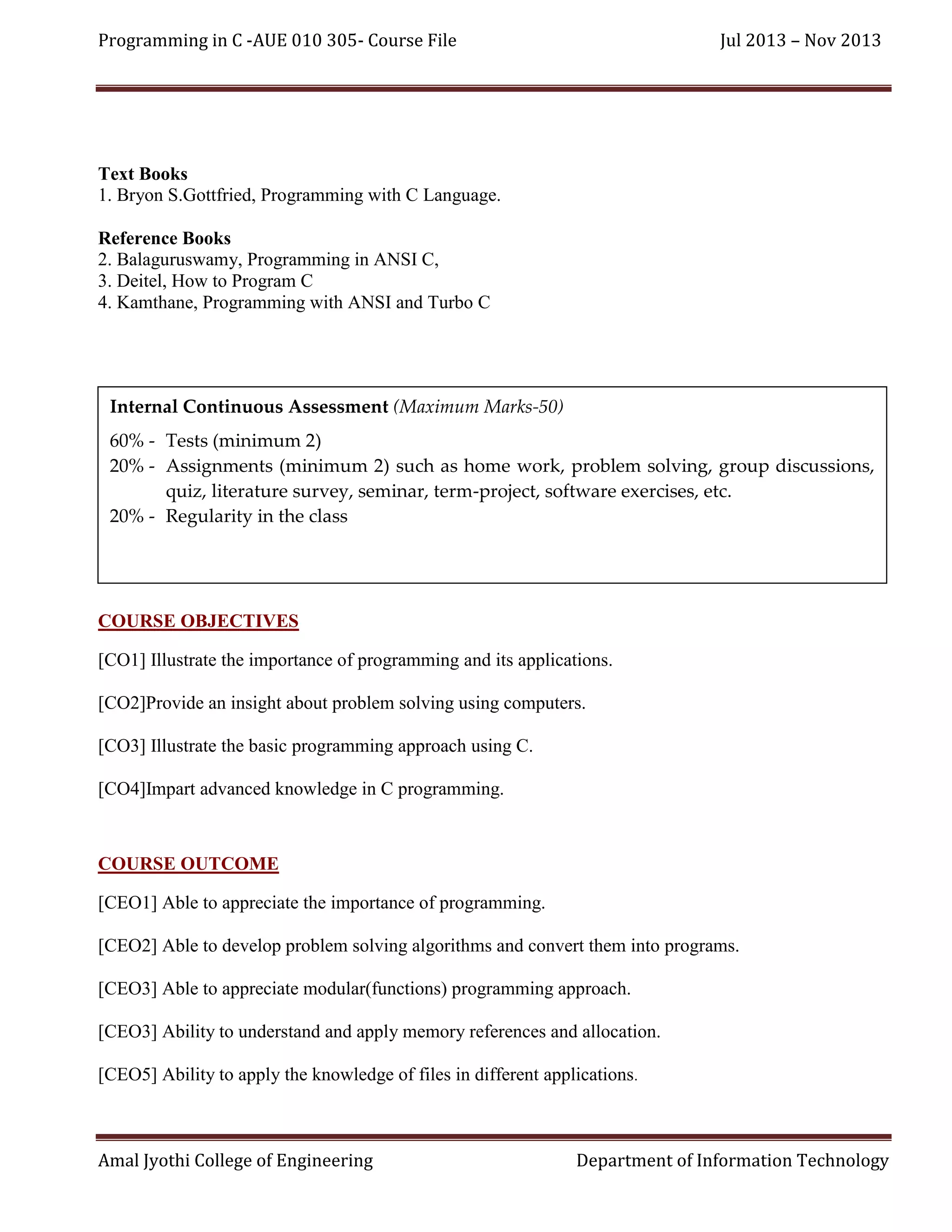 Programming in C -AUE 010 305- Course File

Jul 2013 – Nov 2013

Text Books
1. Bryon S.Gottfried, Programming with C Language.
Reference Books
2. Balaguruswamy, Programming in ANSI C,
3. Deitel, How to Program C
4. Kamthane, Programming with ANSI and Turbo C

Internal Continuous Assessment (Maximum Marks-50)
60% - Tests (minimum 2)
20% - Assignments (minimum 2) such as home work, problem solving, group discussions,
quiz, literature survey, seminar, term-project, software exercises, etc.
20% - Regularity in the class

COURSE OBJECTIVES
[CO1] Illustrate the importance of programming and its applications.
[CO2]Provide an insight about problem solving using computers.
[CO3] Illustrate the basic programming approach using C.
[CO4]Impart advanced knowledge in C programming.

COURSE OUTCOME
[CEO1] Able to appreciate the importance of programming.
[CEO2] Able to develop problem solving algorithms and convert them into programs.
[CEO3] Able to appreciate modular(functions) programming approach.
[CEO3] Ability to understand and apply memory references and allocation.
[CEO5] Ability to apply the knowledge of files in different applications.

Amal Jyothi College of Engineering

Department of Information Technology

 