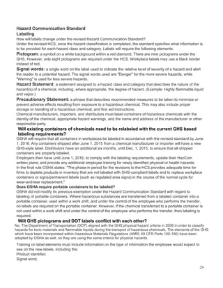 Hazard Communication Standard
Labeling
How will labels change under the revised Hazard Communication Standard?
Under the revised HCS, once the hazard classification is completed, the standard specifies what information is
to be provided for each hazard class and category. Labels will require the following elements:
Pictogram: a symbol on a white background within a red diamond. There are nine pictograms under the
GHS. However, only eight pictograms are required under the HCS. Workplace labels may use a black border
instead of red.
Signal words: a single word on the label used to indicate the relative level of severity of a hazard and alert
the reader to a potential hazard. The signal words used are "Danger" for the more severe hazards, while
"Warning" is used for less severe hazards.
Hazard Statement: a statement assigned to a hazard class and category that describes the nature of the
hazard(s) of a chemical, including, where appropriate, the degree of hazard. (Example: Highly flammable liquid
and vapor.)
Precautionary Statement: a phrase that describes recommended measures to be taken to minimize or
prevent adverse effects resulting from exposure to a hazardous chemical. This may also include proper
storage or handling of a hazardous chemical, and first aid instructions.
Chemical manufacturers, importers, and distributors must label containers of hazardous chemicals with the
identity of the chemical, appropriate hazard warnings, and the name and address of the manufacturer or other
responsible party.
Will existing containers of chemicals need to be relabeled with the current GHS based
labeling requirements?
OSHA will require that all containers in workplaces be labeled in accordance with the revised standard by June
1, 2016. Any containers shipped after June 1, 2015 from a chemical manufacturer or importer will have a new
GHS-style label. Distributors have an additional six months, until Dec. 1, 2015, to ensure that all shipped
containers are properly labeled.
Employers then have until June 1, 2016, to comply with the labeling requirements, update their HazCom
written plans; and provide any additional employee training for newly identified physical or health hazards.
In the final rule OSHA states: "The phase-in period for the revisions to the HCS provides adequate time for
firms to deplete products in inventory that are not labeled with GHS-compliant labels and to replace workplace
containers or signs/permanent labels (such as regulated area signs) in the course of the normal cycle for
wear-and-tear replacement."
Does OSHA require portable containers to be labeled?
OSHA did not modify its previous exemption under the Hazard Communication Standard with regard to
labeling of portable containers. Where hazardous substances are transferred from a labeled container into a
portable container, used within a work shift, and under the control of the employee who performs the transfer,
no labels are required on the portable container. However, if the chemical transferred to a portable container is
not used within a work shift and under the control of the employee who performs the transfer, then labeling is
required.
Will GHS pictograms and DOT labels conflict with each other?
No. The Department of Transportation (DOT) aligned with the GHS physical hazard criteria in 2008 in order to classify
hazards for toxic materials and flammable liquids during the transport of hazardous chemicals. The elements of the GHS
which have been incorporated within Hazardous Materials Regulations (HMR; 49 CFR Parts 100-180) have been
adopted by OSHA as well, so they are using the same criteria for physical hazards.
Training on label elements must include information on the type of information the employee would expect to
see on the new labels, including the:
Product identifier;
Signal word;
29
 