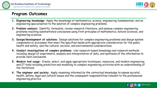 /skit.org.in
Sri Krishna Institute of Technology
(Approved by AICTE, Accredited by NAAC, Affiliated to VTU, Karnataka)
Program Outcomes
1. Engineering knowledge: Apply the knowledge of mathematics, science, engineering fundamentals, and an
engineering specialization to the solution of complex engineering problems.
2. Problem analysis: Identify, formulate, review research literature, and analyze complex engineering
problems reaching substantiated conclusions using first principles of mathematics, natural sciences, and
engineering sciences.
3. Design/development of solutions: Design solutions for complex engineering problems and design system
components or processes that meet the specified needs with appropriate consideration for the public
health and safety, and the cultural, societal, and environmental considerations.
4. Conduct investigations of complex problems: Use research-based knowledge and research methods
including design of experiments, analysis and interpretation of data, and synthesis of the information to
provide valid conclusions.
5. Modern tool usage: Create, select, and apply appropriate techniques, resources, and modern engineering
and IT tools including prediction and modelling to complex engineering activities with an understanding of
the limitations.
6. The engineer and society: Apply reasoning informed by the contextual knowledge to assess societal,
health, safety, legal and cultural issues and the consequent responsibilities relevant to the professional
engineering practice
 