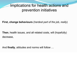 First, change behaviours (hardest part of the job, really) 
Then, health issues, and all related costs, will (hopefully) 
decrease, 
And finally, attitudes and norms will follow … 
© WHO, 2007 
112│ 
Implications for health actions and 
prevention initiatives 
